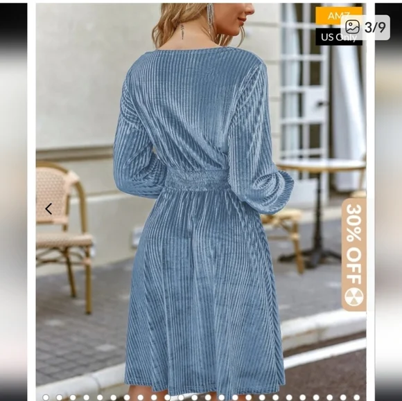 Zeagoo Vevlvet Metallic Light Blue Long Sleeve V neck Mini Dress Smocked Waist - Picture 3 of 9